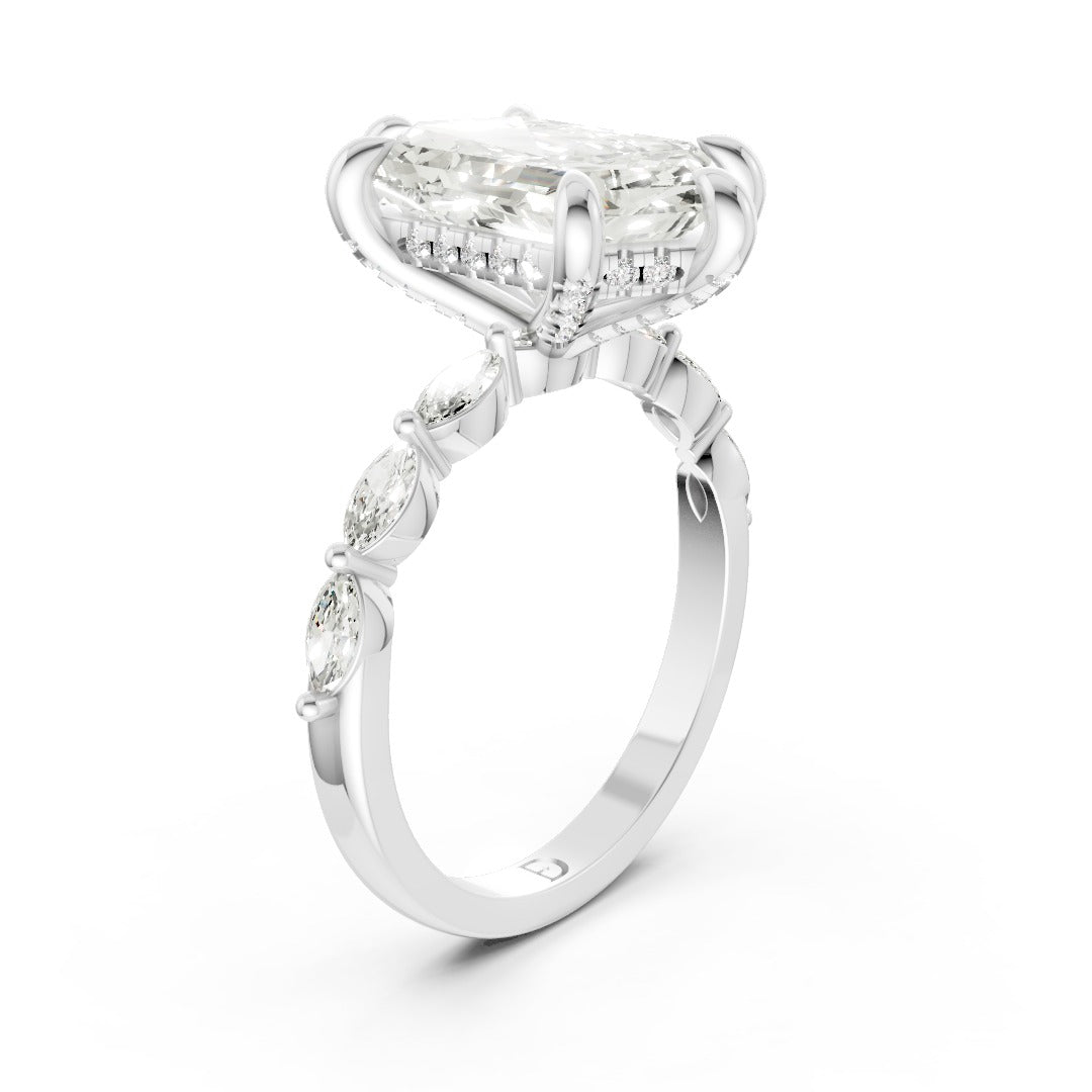 Hexagon Lab Diamond Hidden Halo Marquise Side Stone Baypass Ring