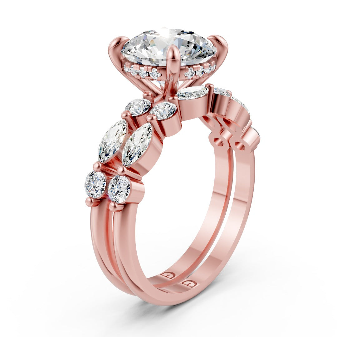 Round Lab Diamond Marquise Accent Hidden Halo Bridal Ring Set