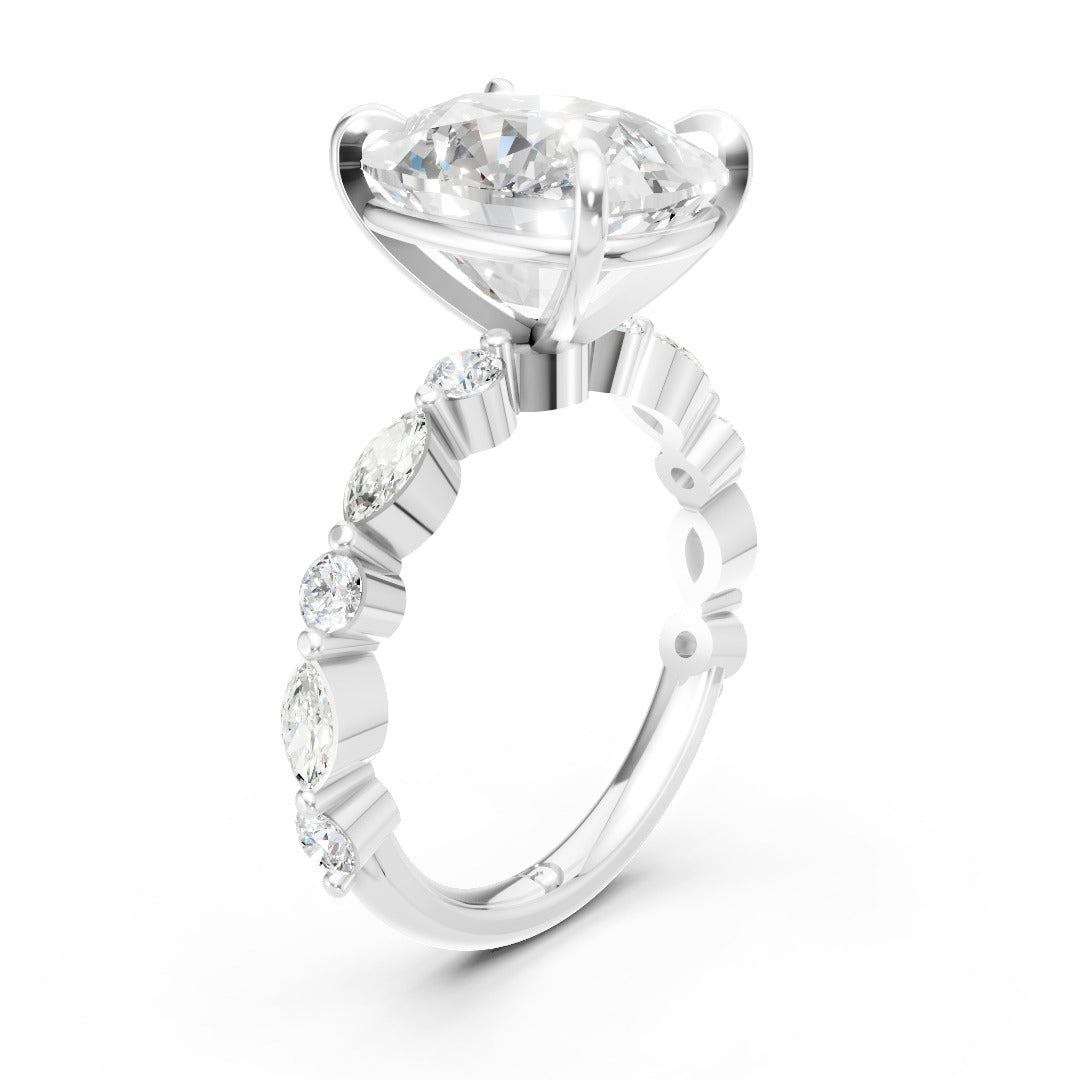 Elongated Cushion Lab Grown Diamond with Marquise & Round Side Stones Ring