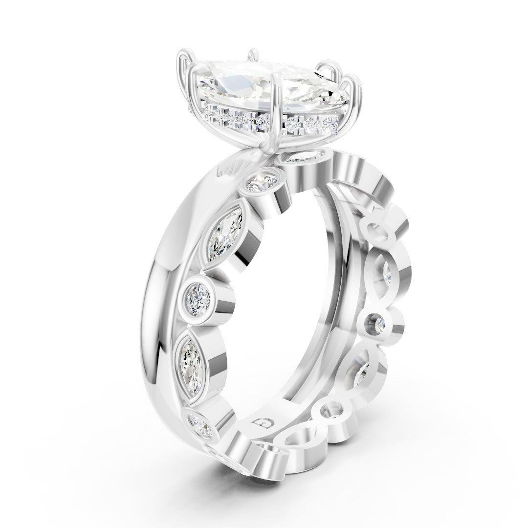 Marquise Cut Solitaire and Alternating Bezel Diamond Ring Set