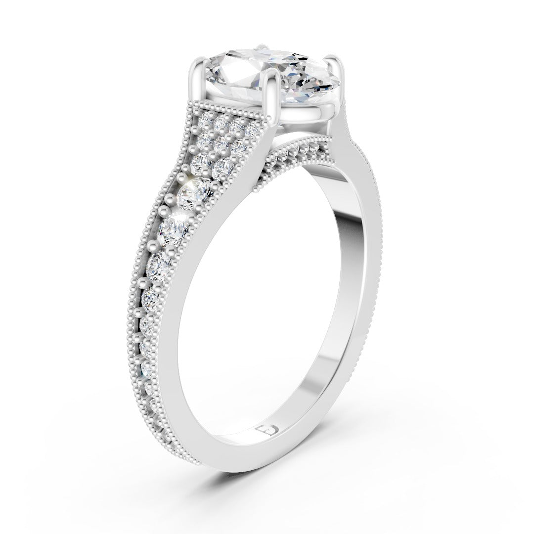 Oval Cut Lab Diamond Milgrain Cathedral Engagement Ring With Pave
