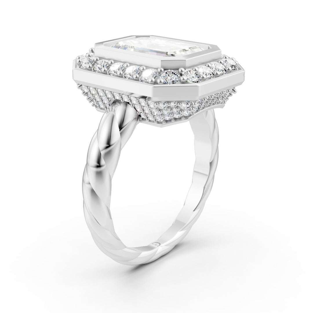 Vintage Emerald Cut Halo Twist Rope Shank Ring