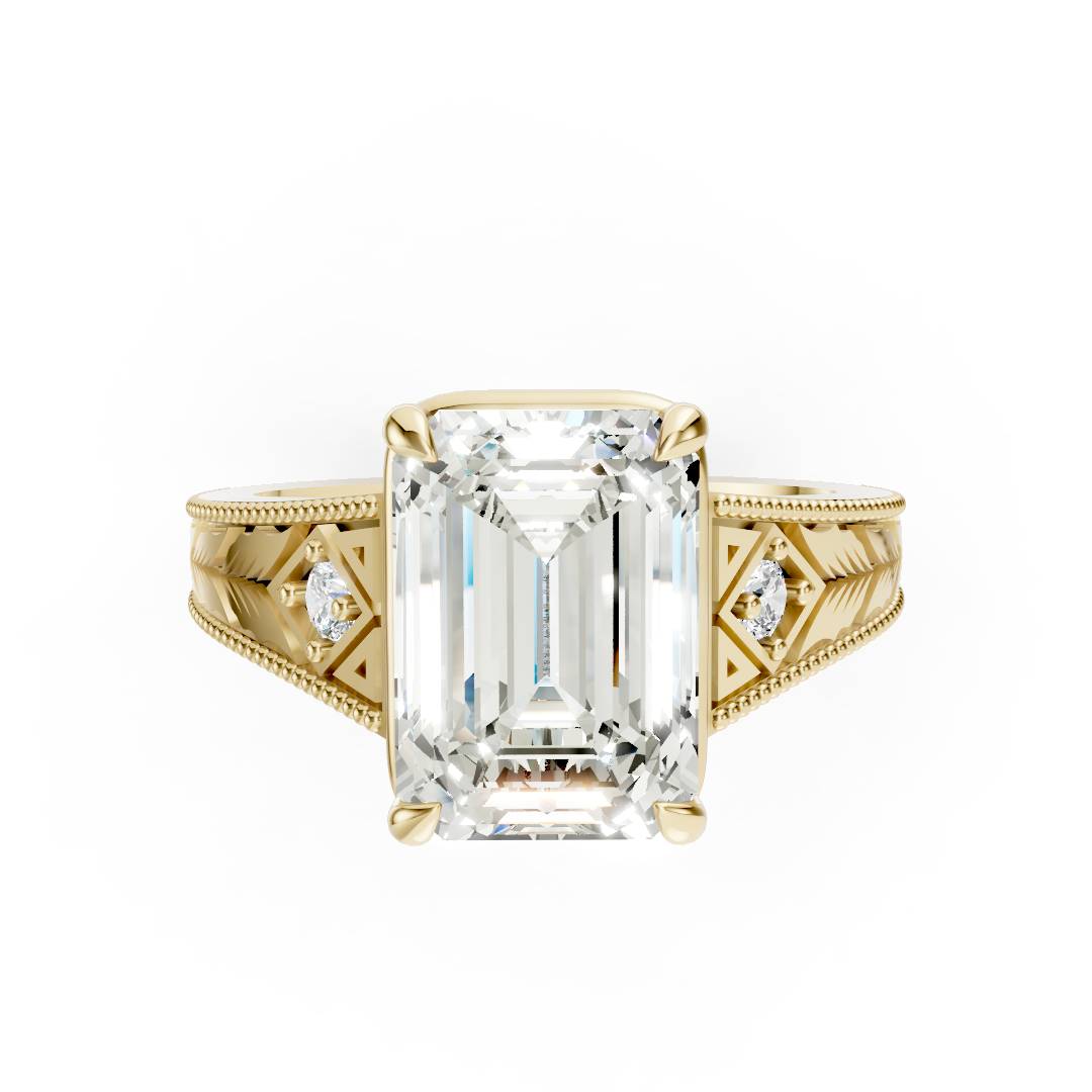 Antique Three Stone Leaf Engraved Band Emerald Cut Ring