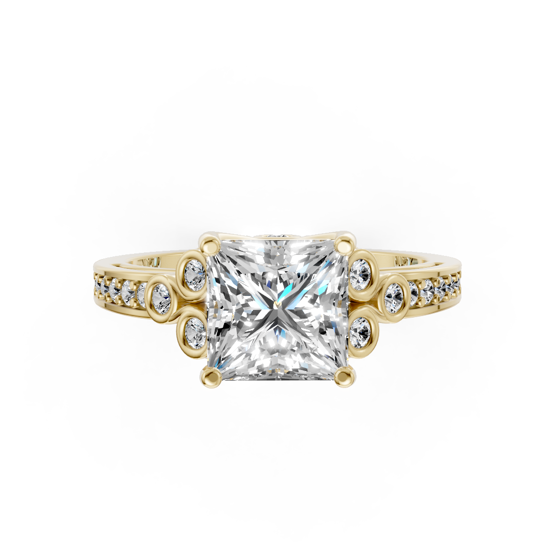 Princess Cut Diamond With Bezel Cluster & Scroll Gallery Ring