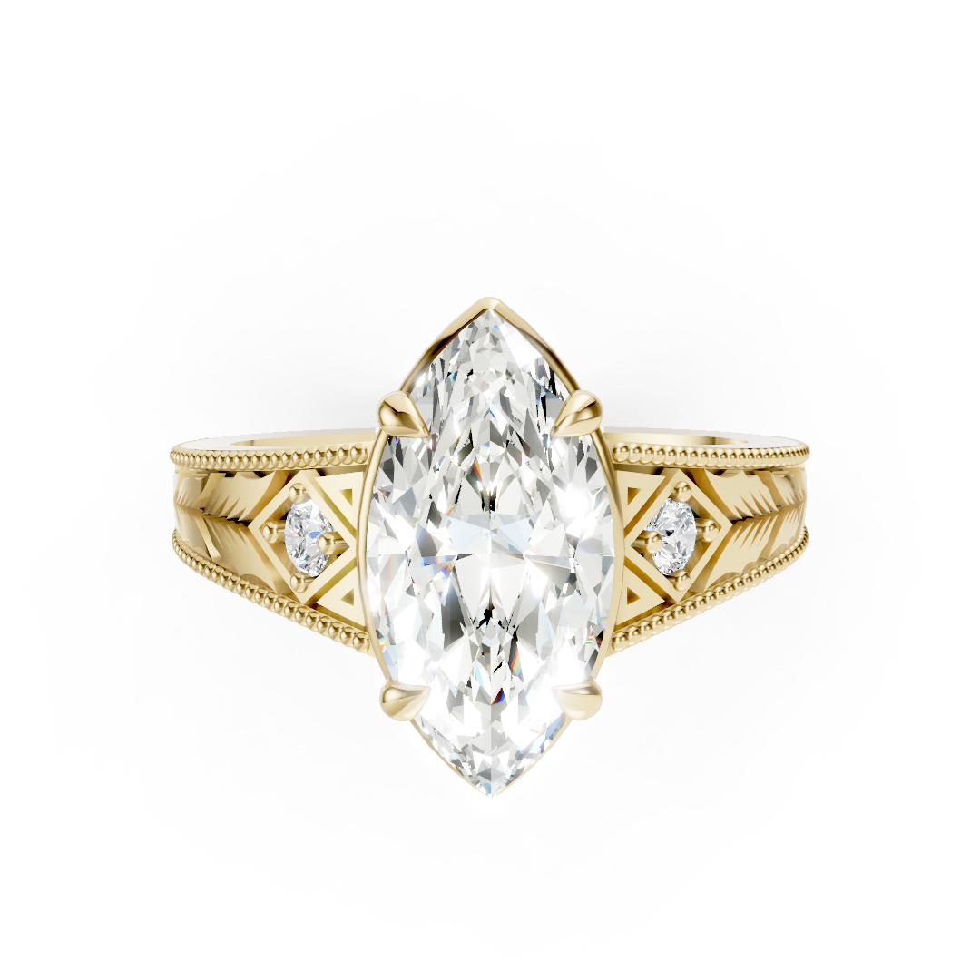 Antique Three Stone Leaf Engraved Band Marquise Cut Ring