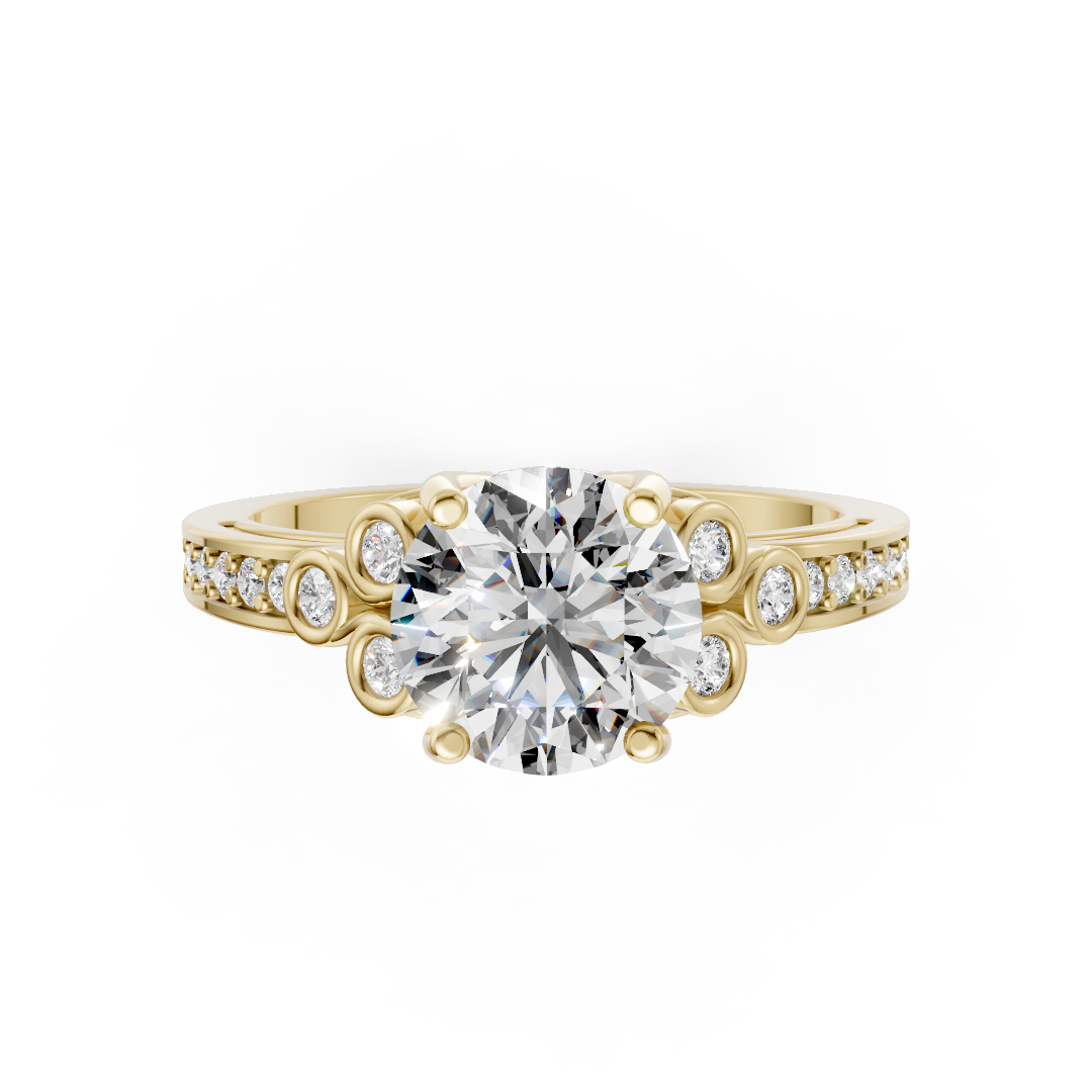 Round Cut Diamond With Bezel Cluster & Scroll Gallery Ring