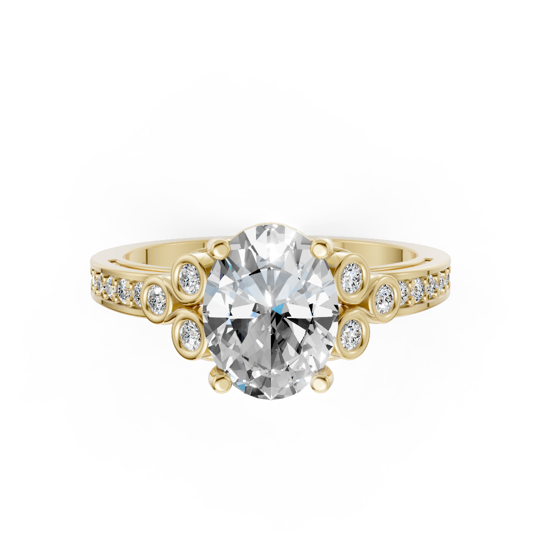 Oval Cut Diamond With Bezel Cluster & Scroll Gallery Ring