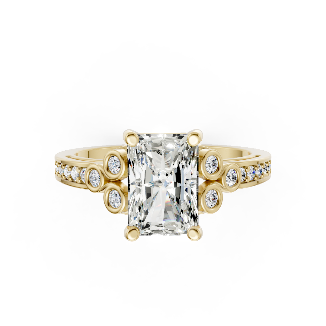 Radiant Cut Diamond With Bezel Cluster & Scroll Gallery Ring