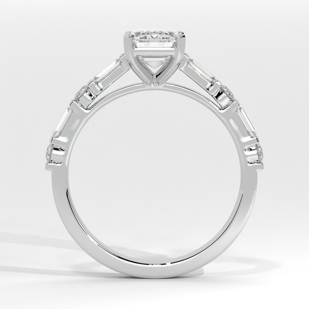 Emerald Cut Anniversary Ring With Alternating Baguette & Round Diamond Accents