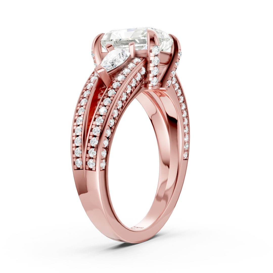 Radiant Diamond With Pear Side Stones & Double Pave Ring