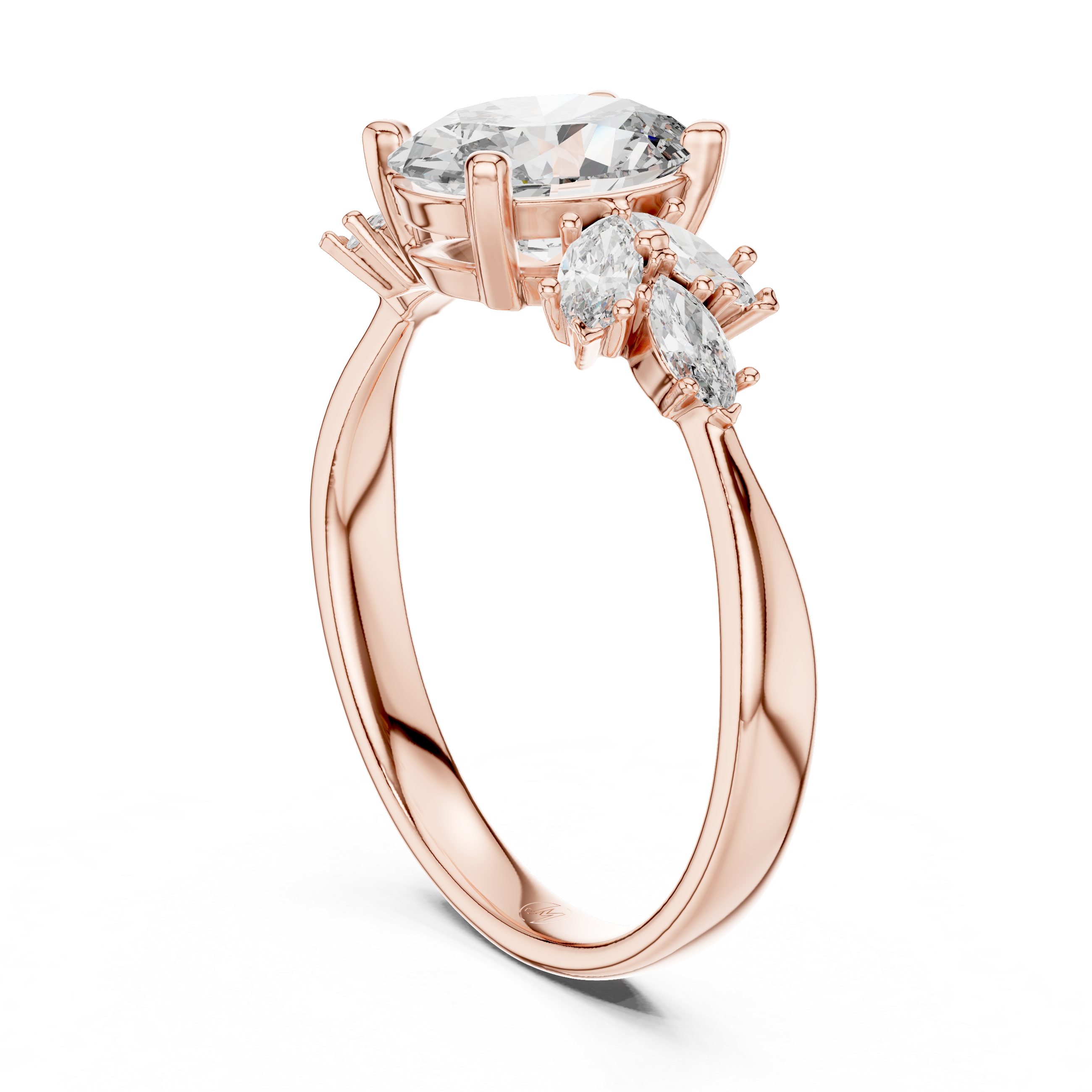 Oval Cut Diamond Engagement Ring With Marquise Floral Cluster Side Stone