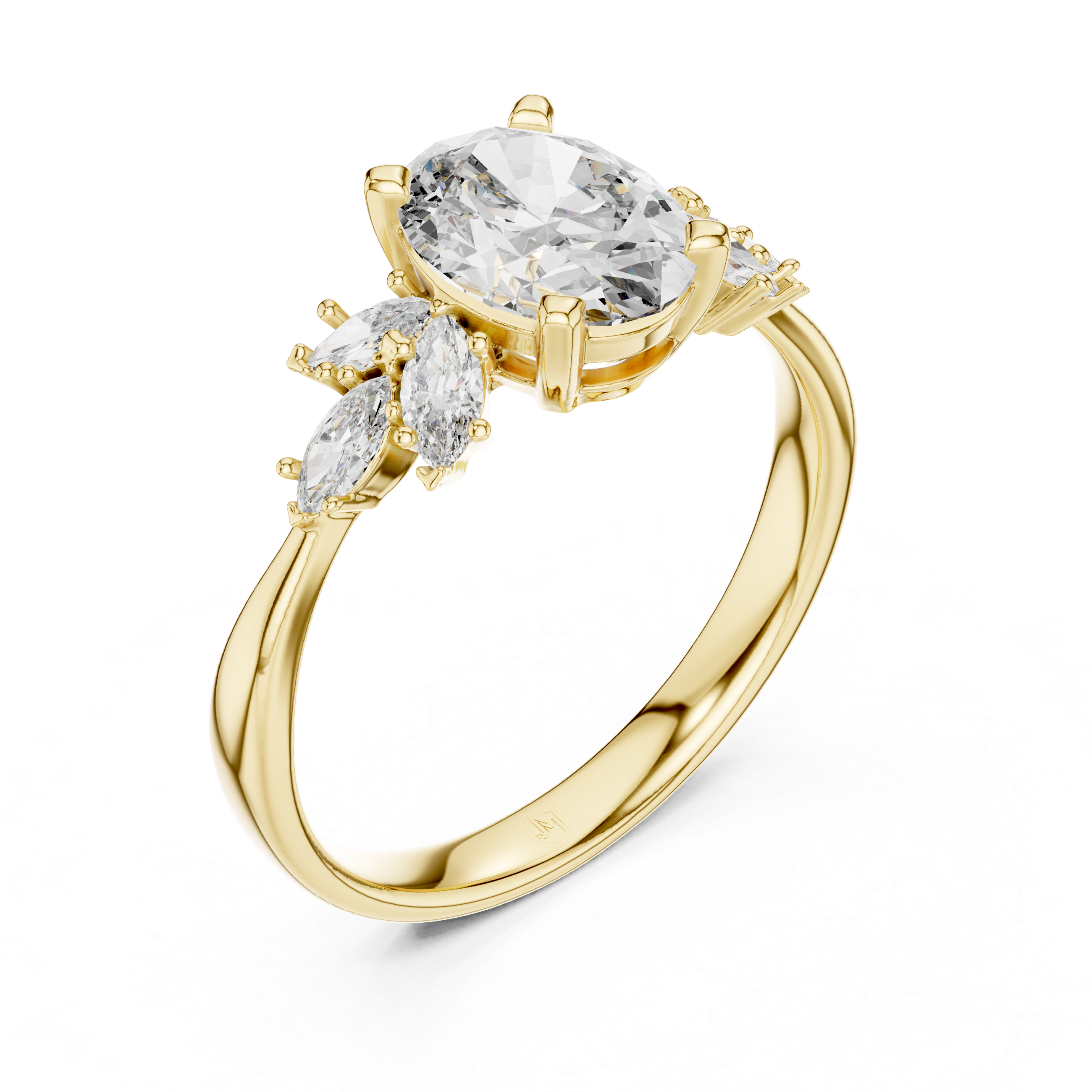 Oval Cut Diamond Engagement Ring With Marquise Floral Cluster Side Stone