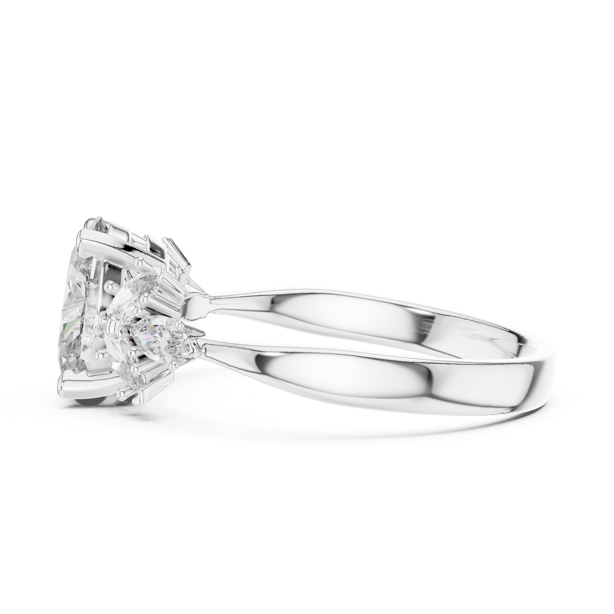 Oval Cut Diamond Engagement Ring With Marquise Floral Cluster Side Stone