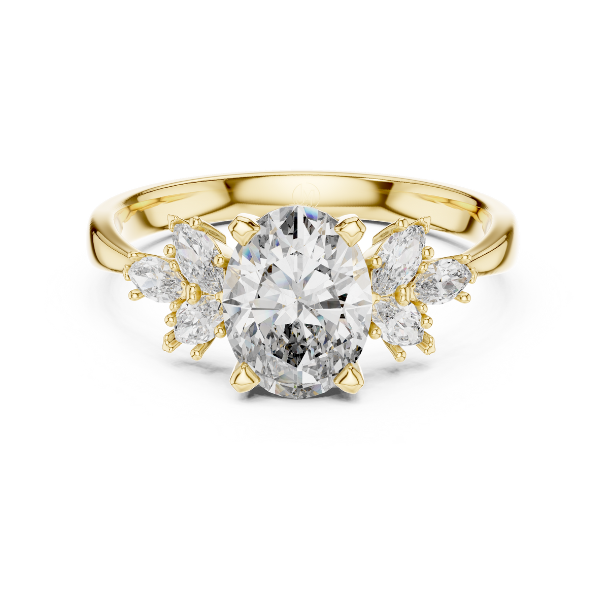 Oval Cut Diamond Engagement Ring With Marquise Floral Cluster Side Stone