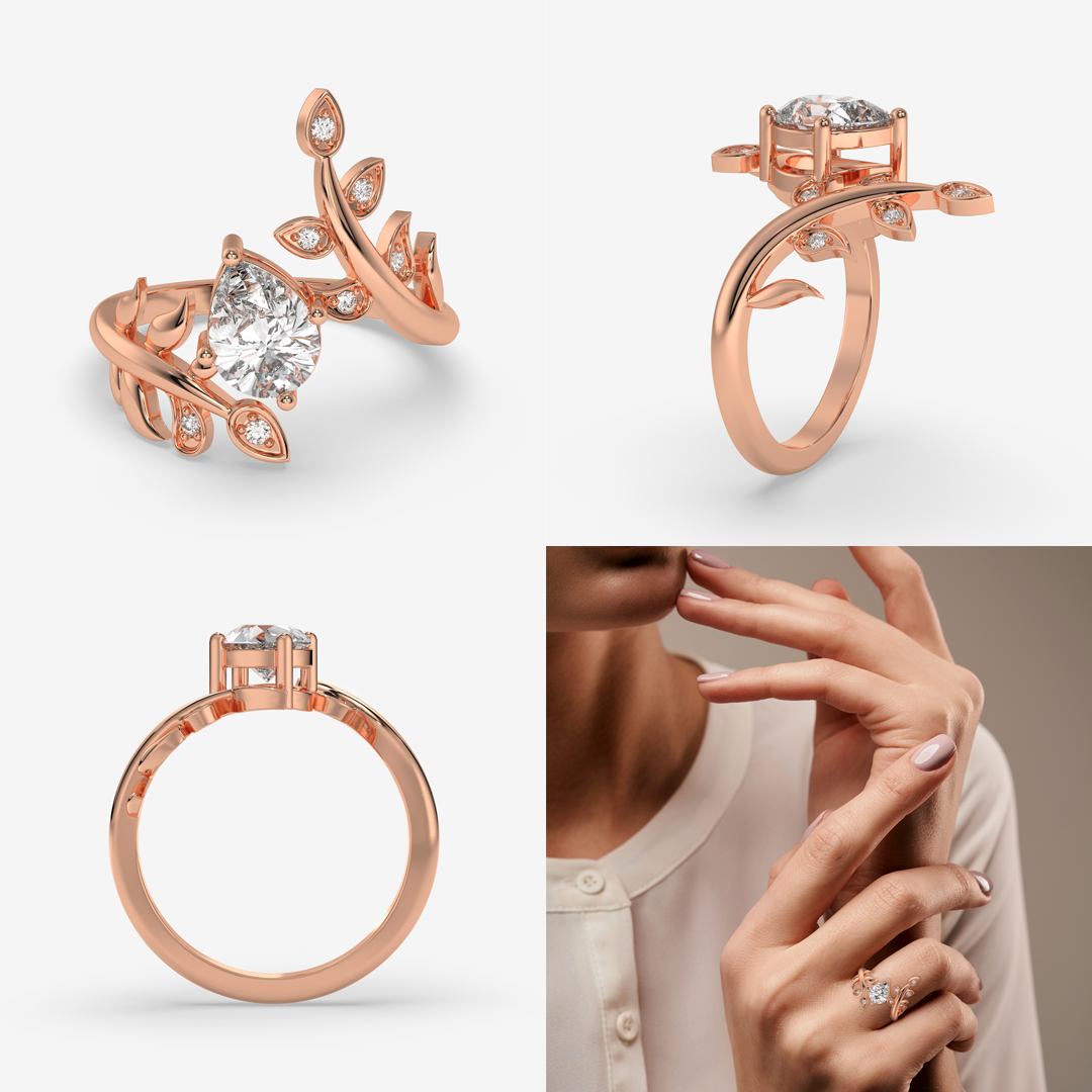 Pear & Round Cut Leaf Branch Ring