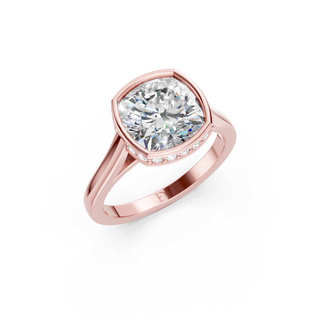 Bezel Set Cushion Brilliant Solitaire Diamond Hidden Halo Engagement Ring