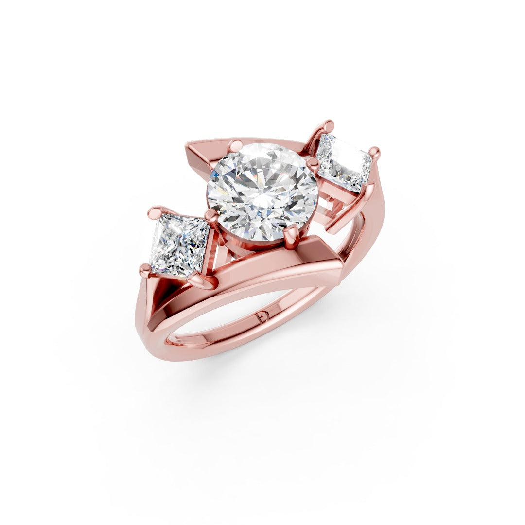 Round and Princess Cut Diamond Three-Stone Bypass Ring