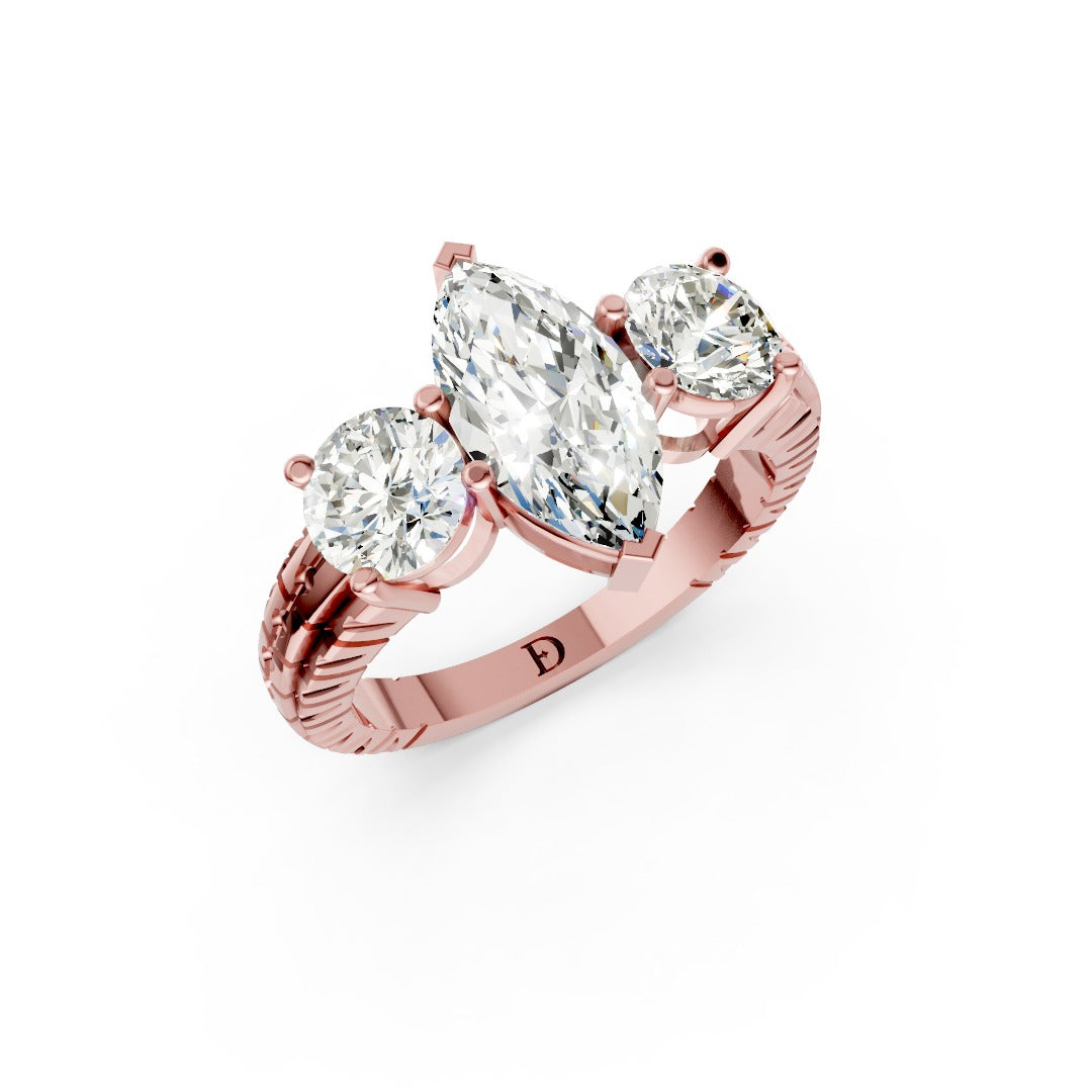 Marquise Cut Three-Stone With Ribbed Textured Band Ring