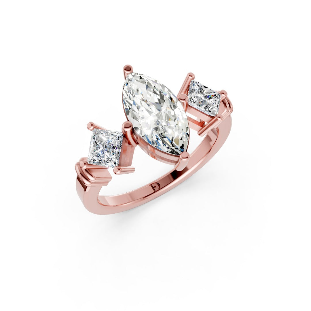 Marquise Cut and Princess Cut Diamond Three-Stone Ring