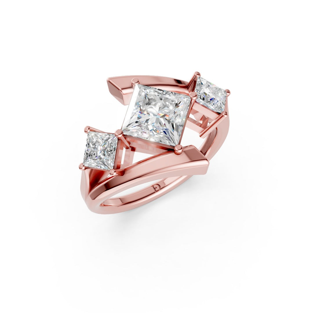 Princess and Princess Cut Diamond Three-Stone Bypass Ring