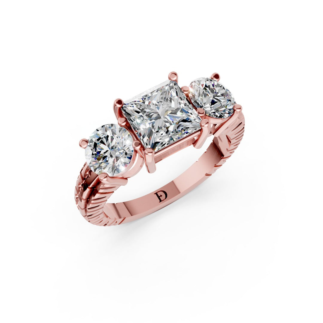 Princess Cut Three-Stone With Ribbed Textured Band Ring