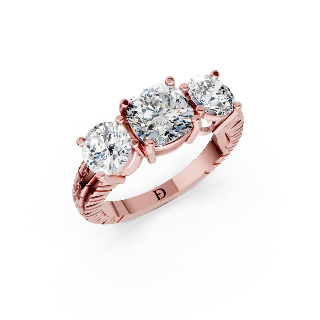 Cushion Cut Three-Stone With Ribbed Textured Band Ring