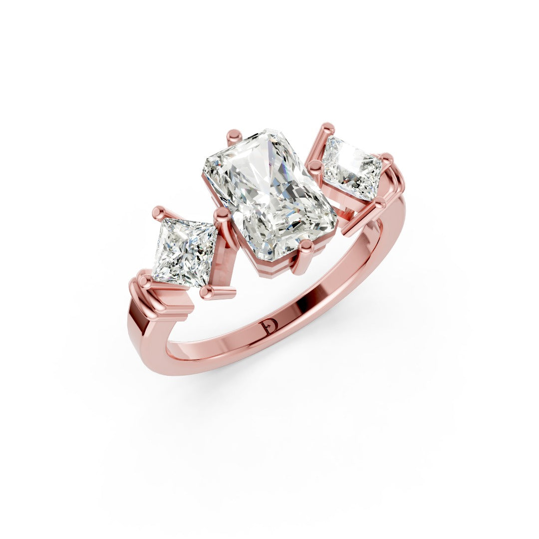 Radiant Cut and Princess Cut Diamond Three-Stone Ring