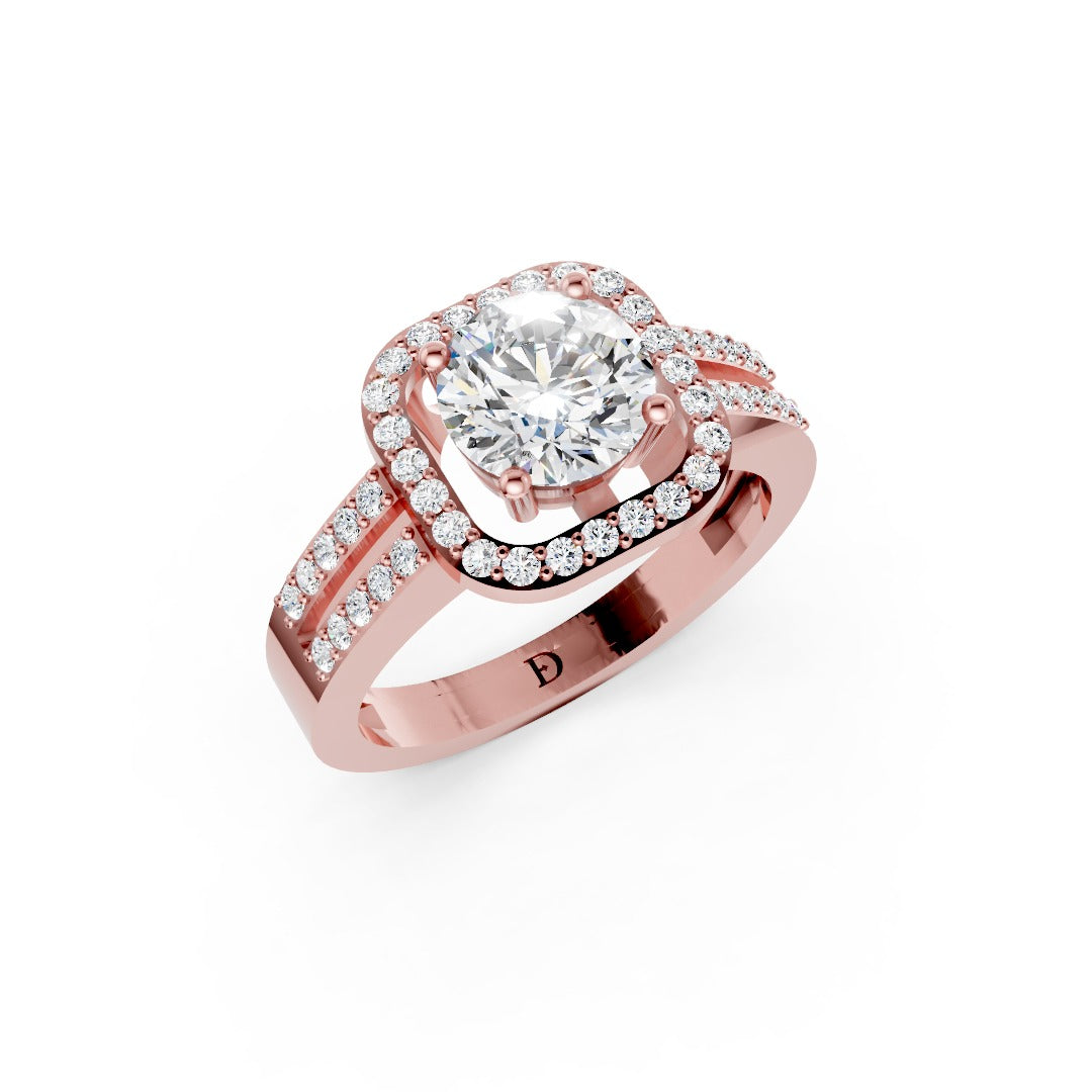 Round Cut Diamond Halo with Split Pave Shank Ring
