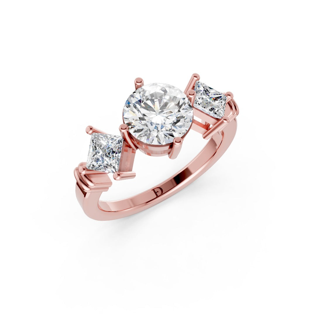 Round Cut and Princess Cut Diamond Three-Stone Ring