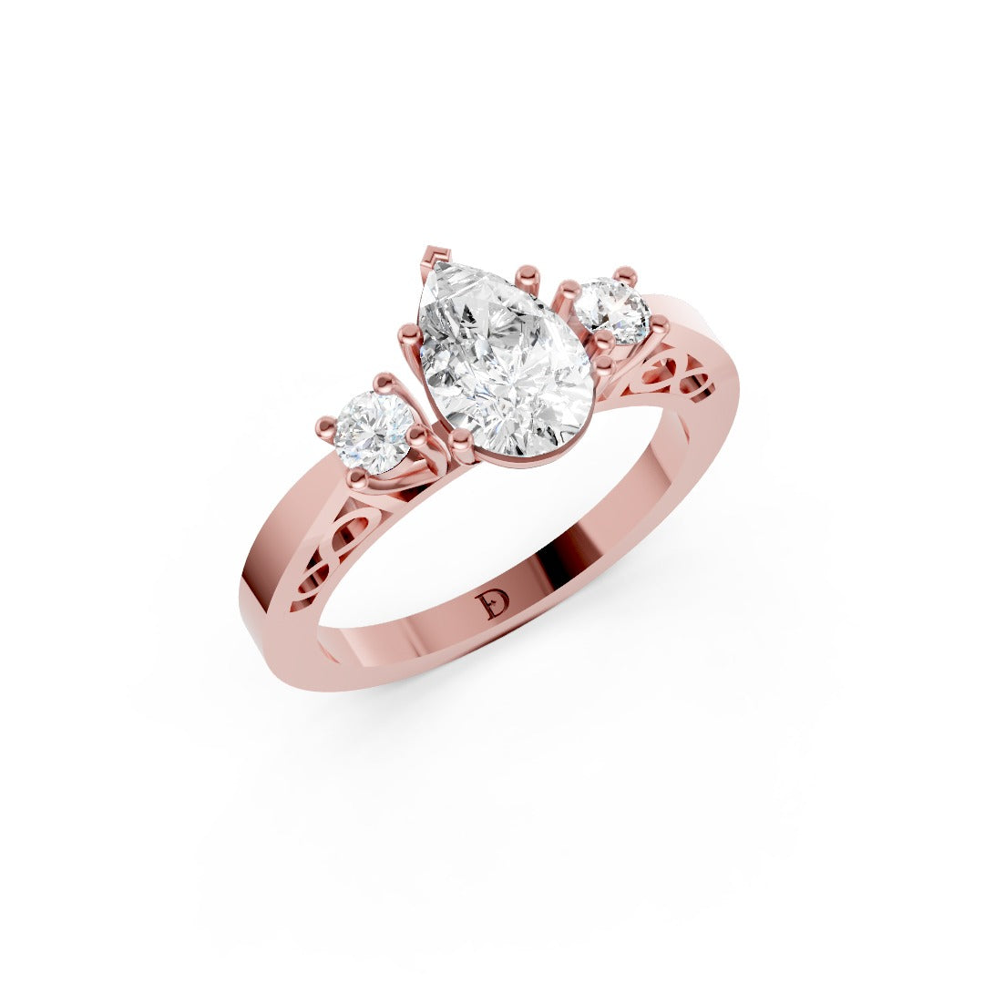 Three-Stone Pear Cut Diamond With Filigree Infinity Band Ring