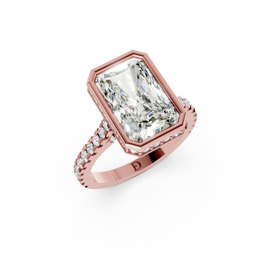 Radiant Brilliant Diamond Bezel Engagement Ring with Hidden Halo Diamond