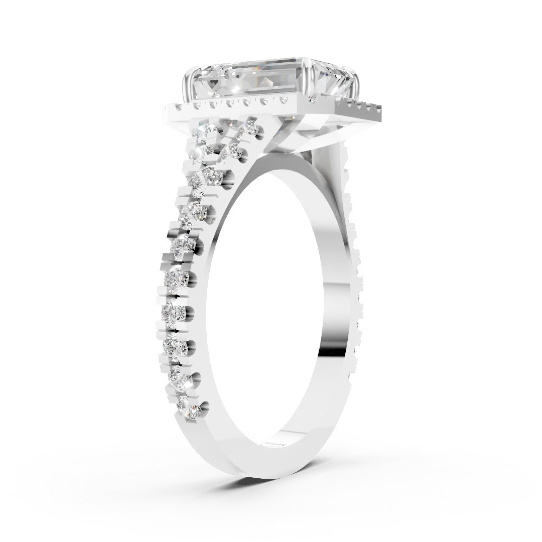 Emerald Cut Halo & V-Split Shank Pavé Diamond Ring