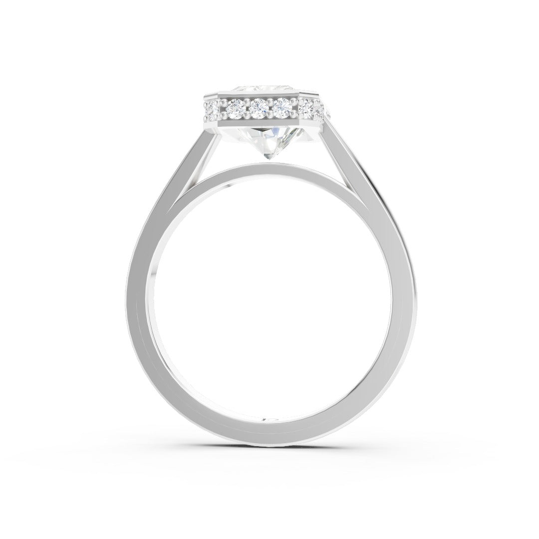 Bezel Set Radiant Brilliant Solitaire Diamond Hidden Halo Engagement Ring