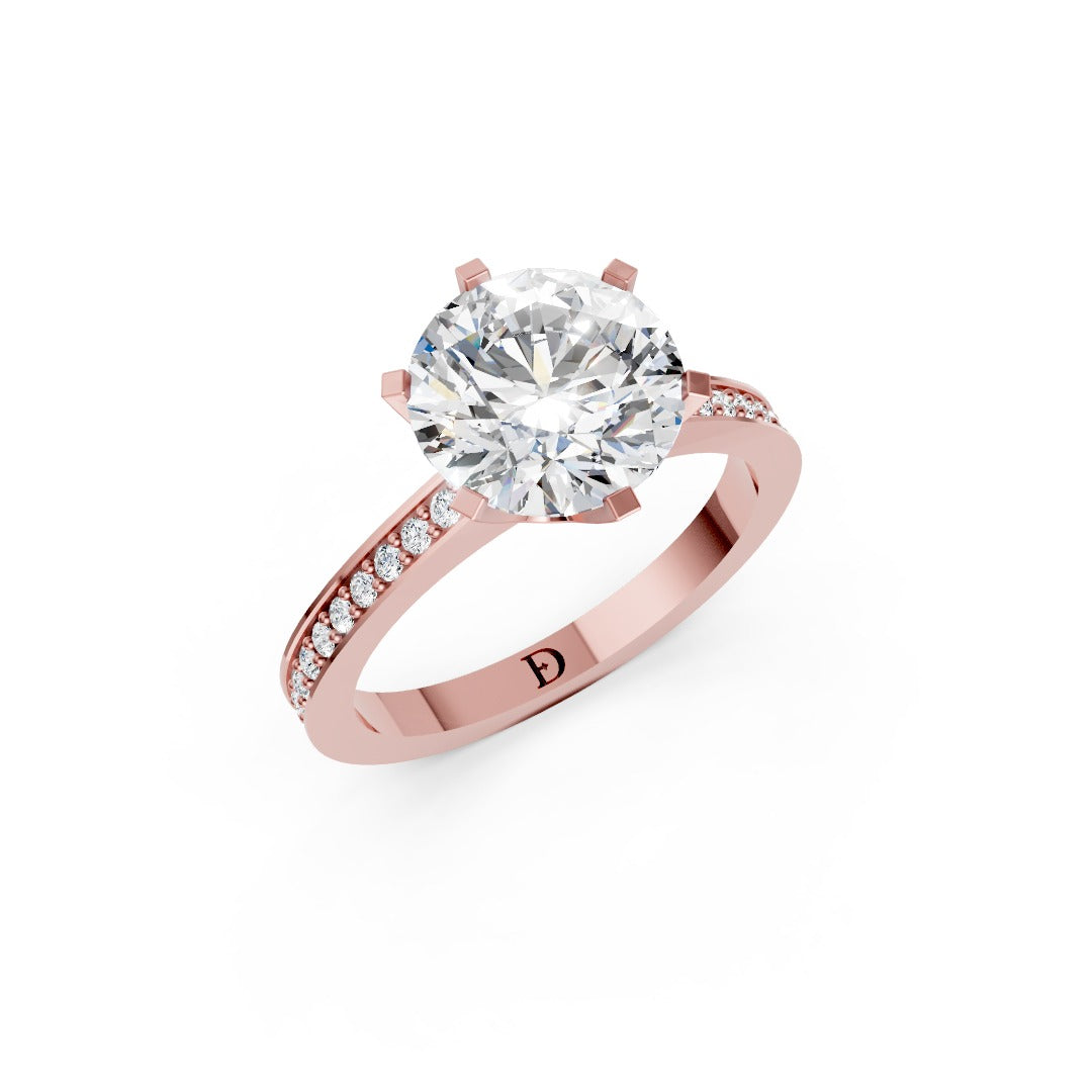 6-Prong Round Cut Diamond Ring With Pave Set Side Stones