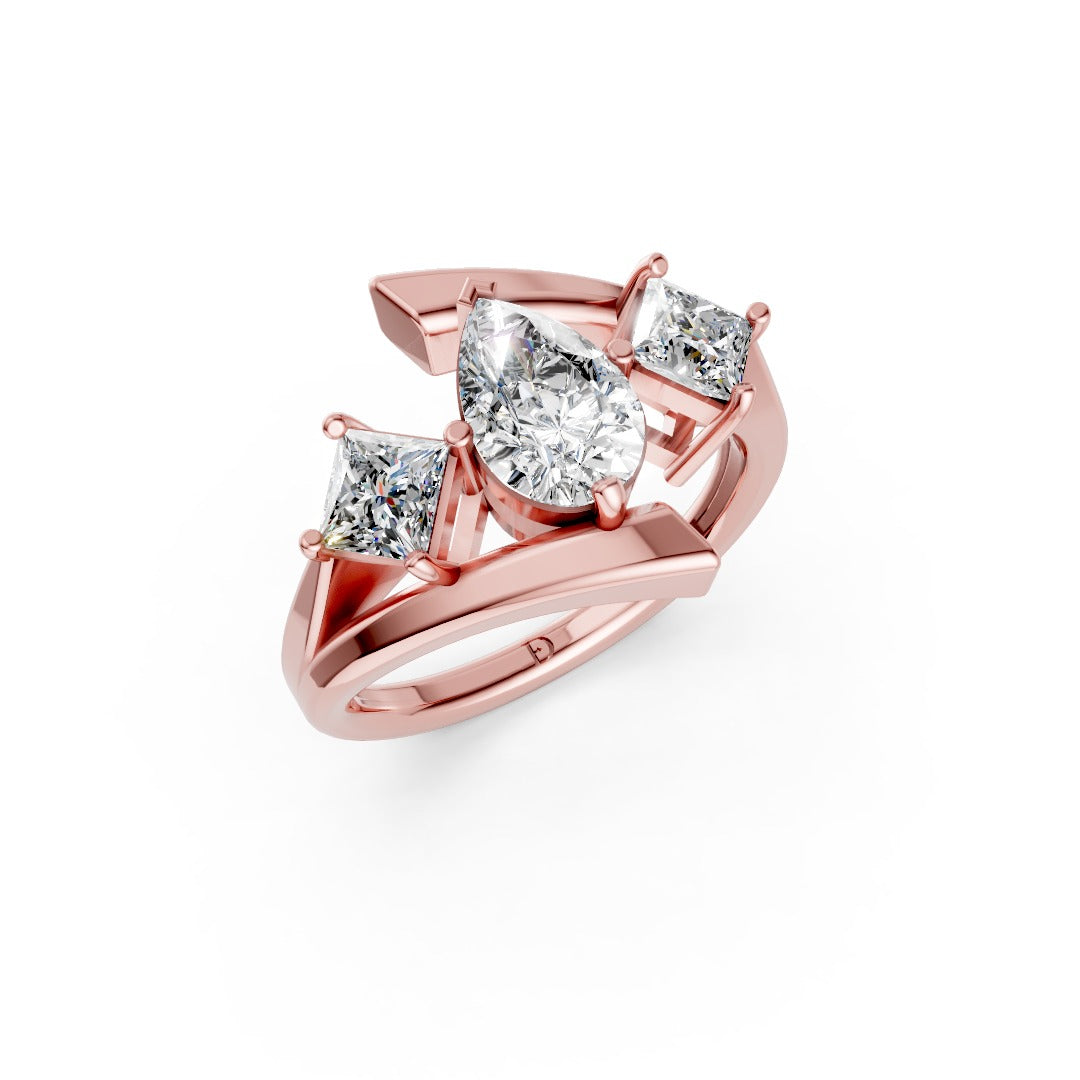 Pear and Princess Cut Diamond Three-Stone Bypass Ring