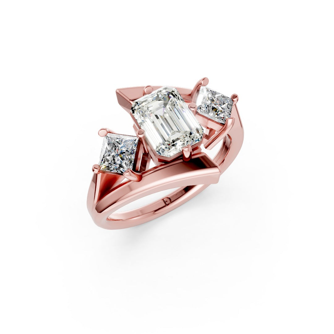 Emerald and Princess Cut Diamond Three-Stone Bypass Ring