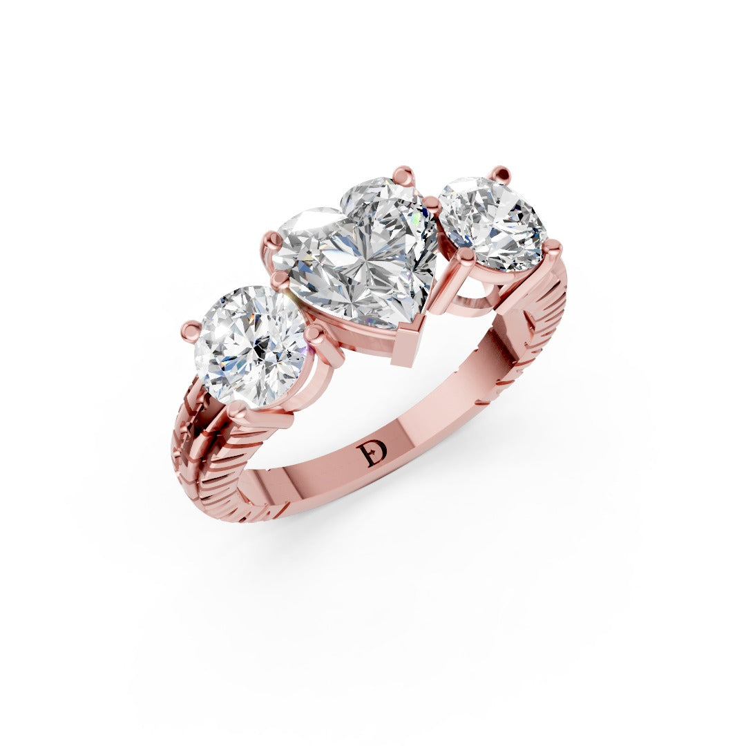 Heart Cut Three-Stone With Ribbed Textured Band Ring