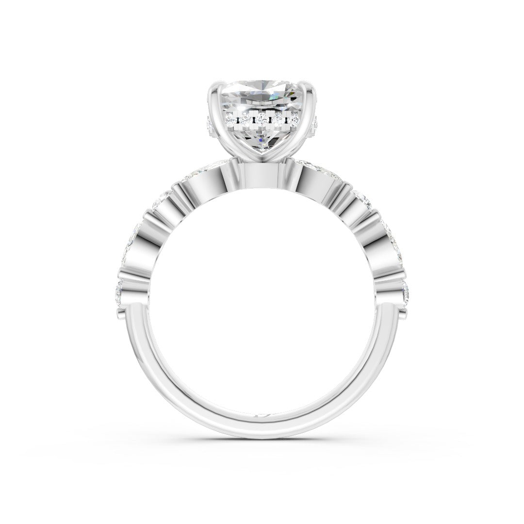 Cushion Cut Diamond Alternating Round And Marquise Engagement Ring