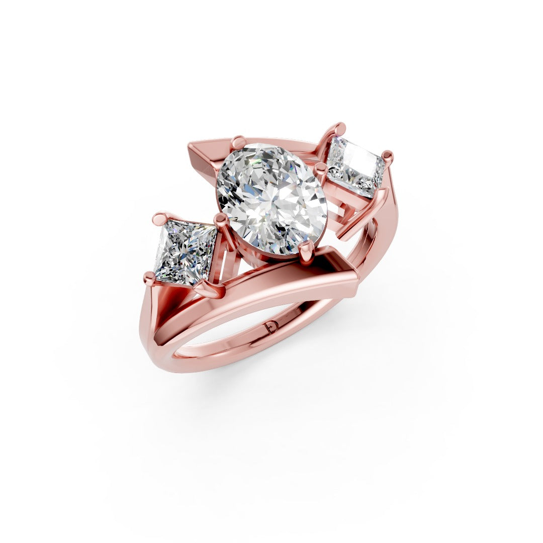 Oval and Princess Cut Diamond Three-Stone Bypass Ring