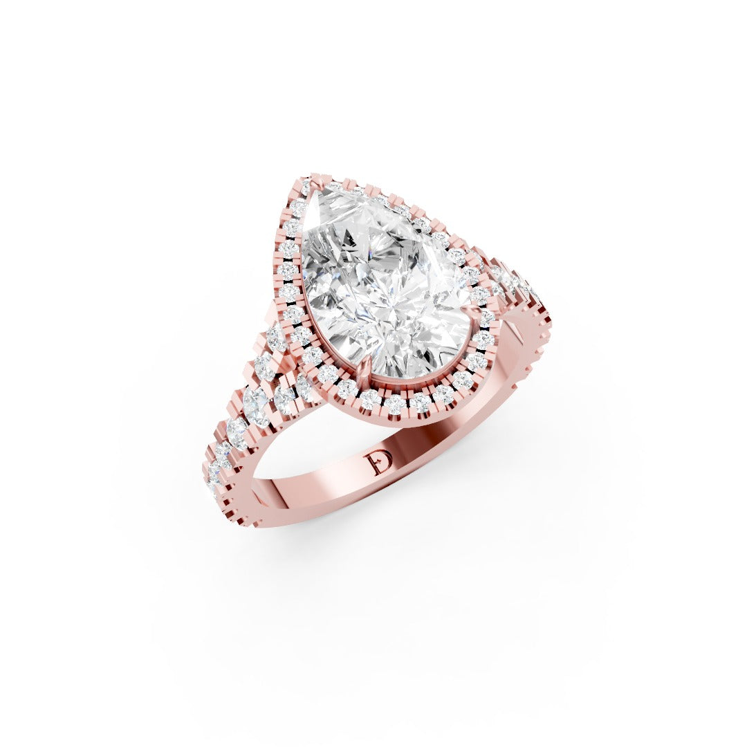 Pear Cut Halo & V-Split Shank Pavé Diamond Ring