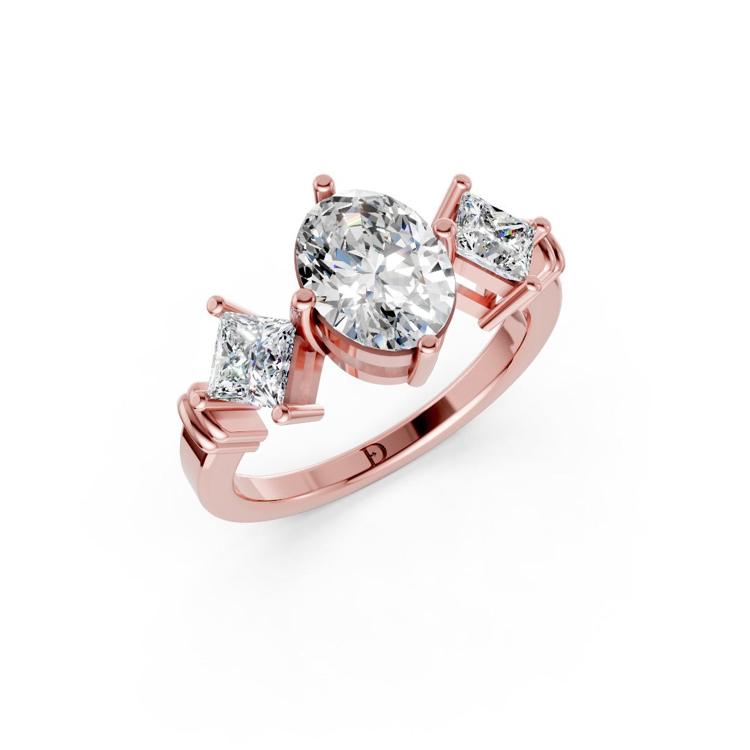 Oval Cut and Princess Cut Diamond Three-Stone Ring