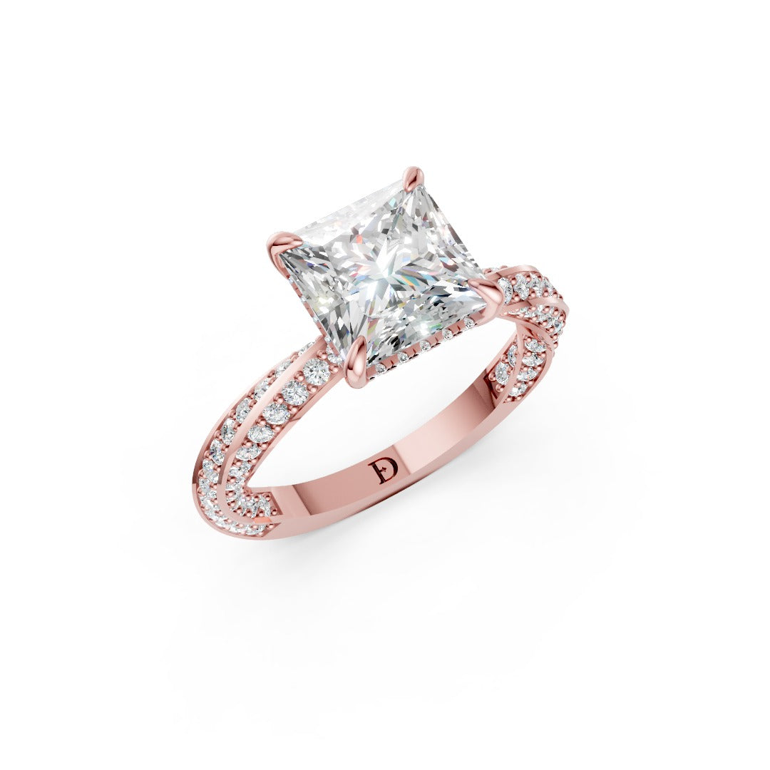 Hidden Halo Princess Cut With Double Row Twisted Ring
