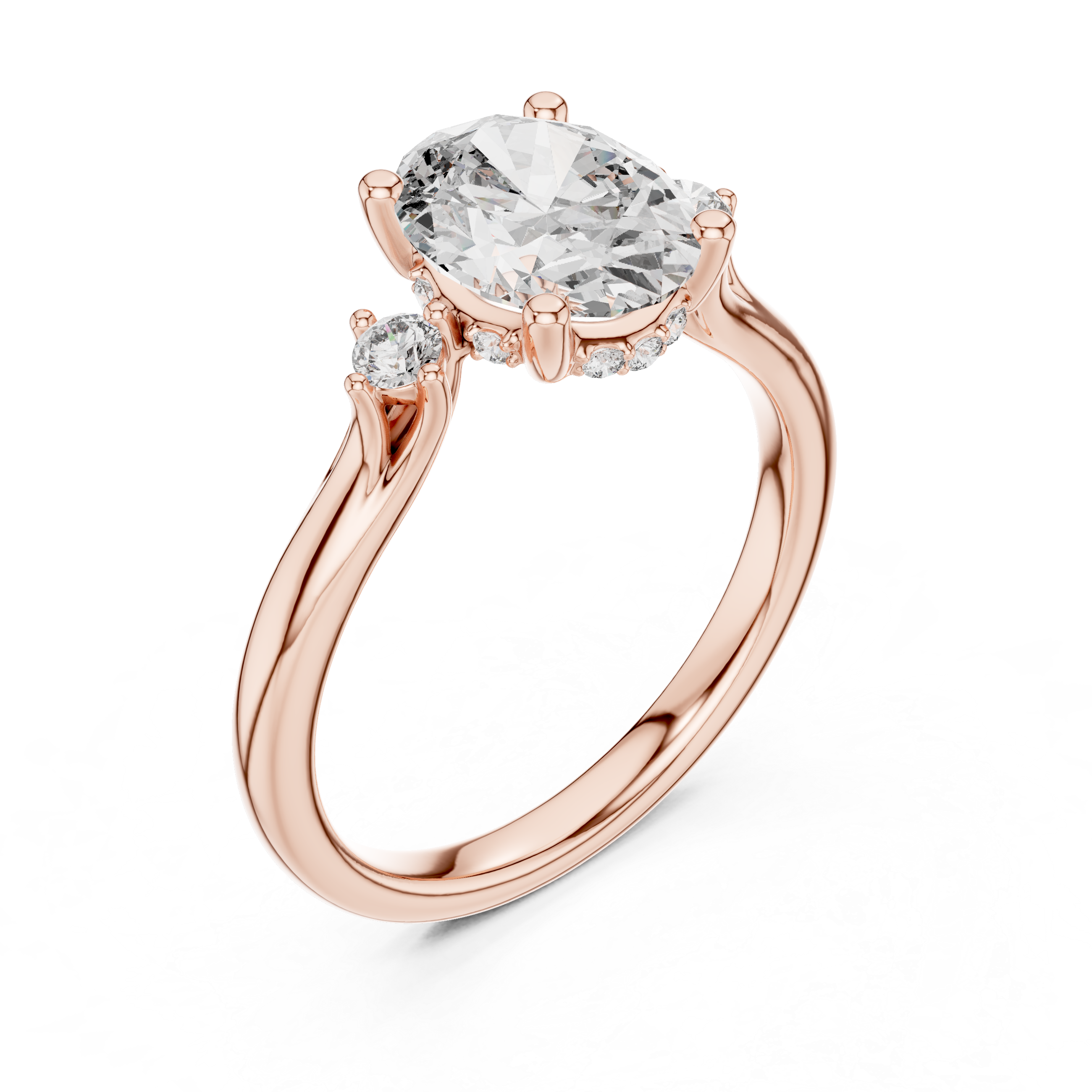 Oval Cut Three-Stone Ring with Hidden Halo & Cathedral Shank