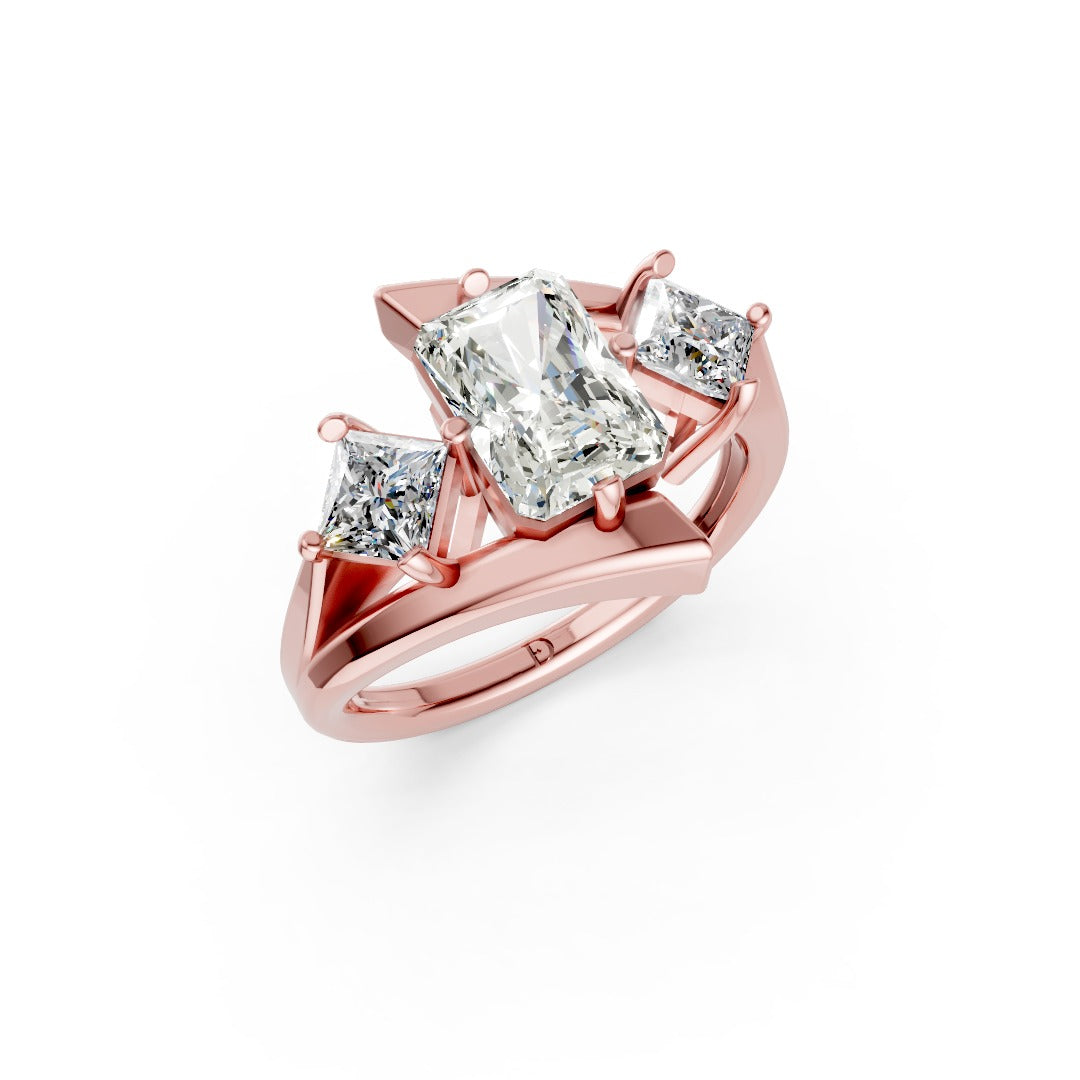 Radiant and Princess Cut Diamond Three-Stone Bypass Ring