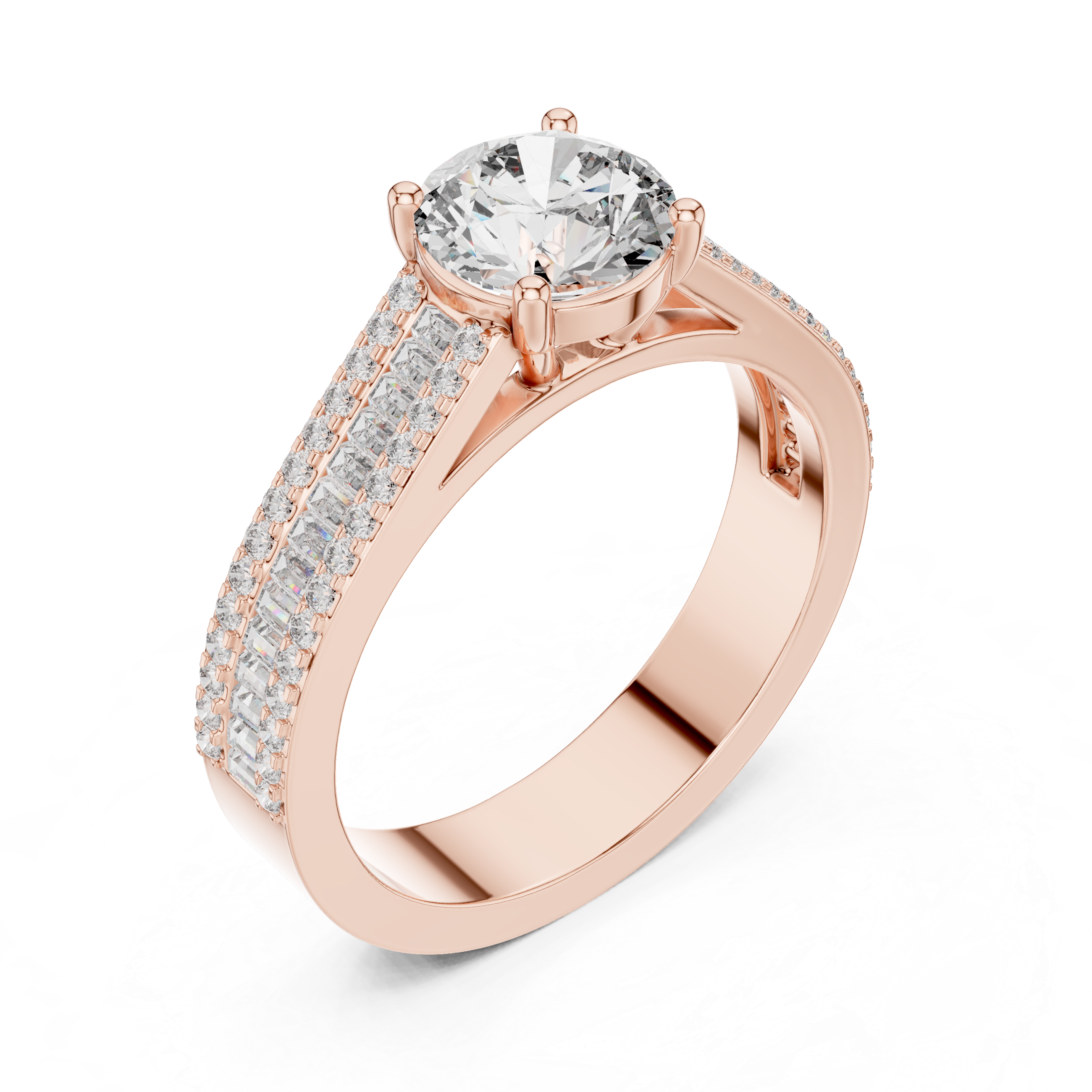 Round Cut Triple Row Pave and Channel Set Diamond Ring
