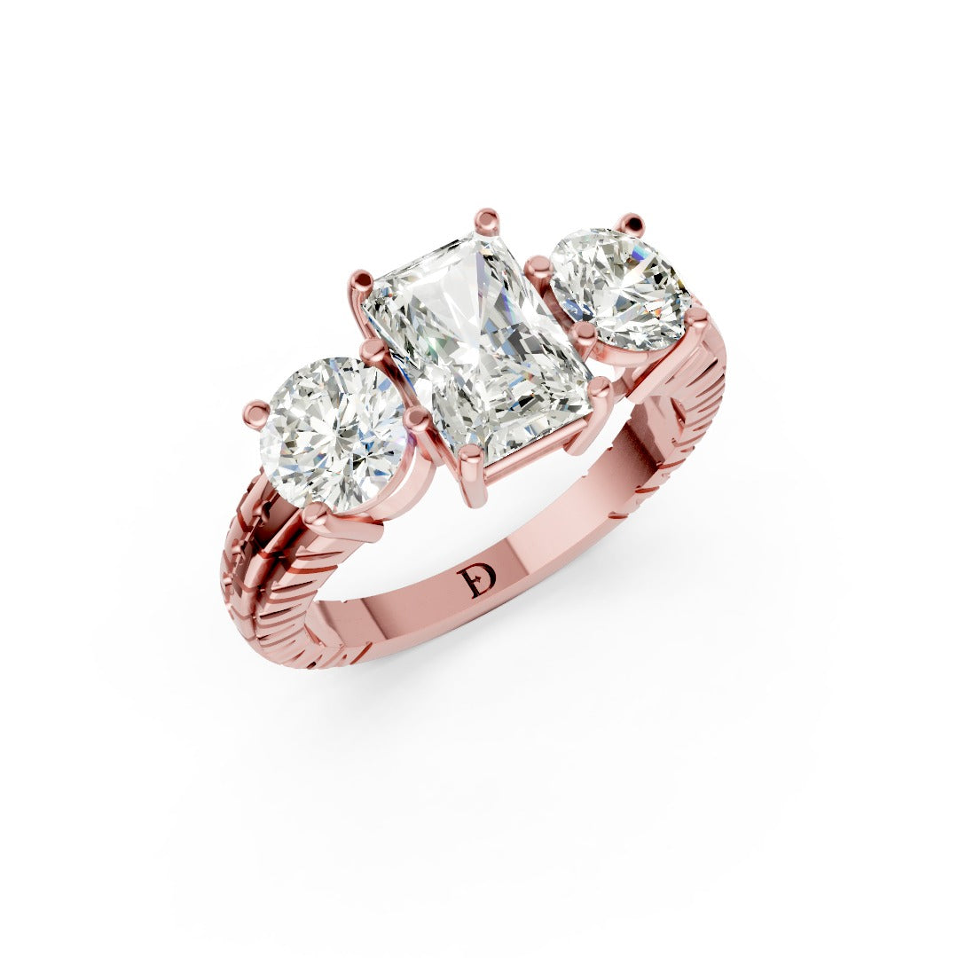 Radiant Cut Three-Stone With Ribbed Textured Band Ring