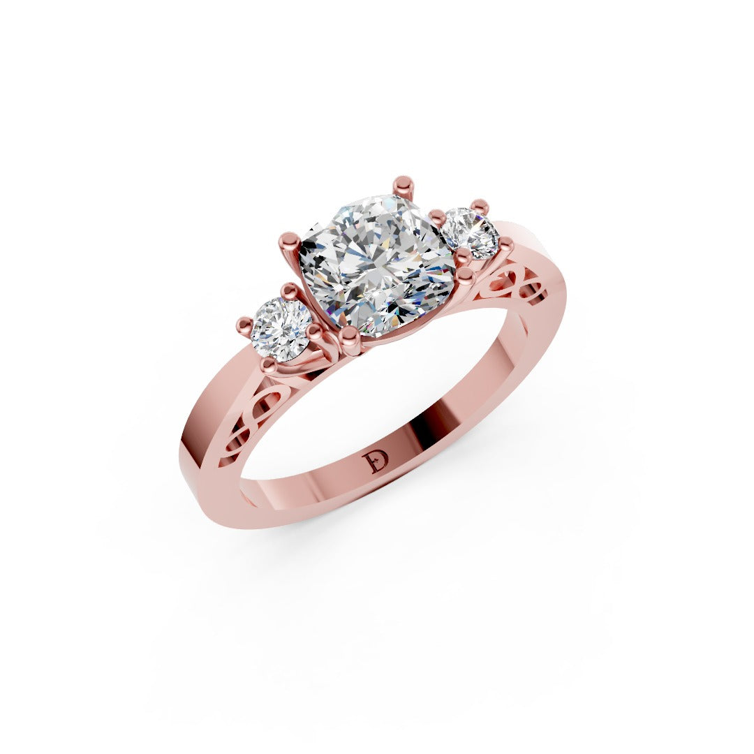 Three-Stone Cushion Cut Diamond With Filigree Infinity Band Ring
