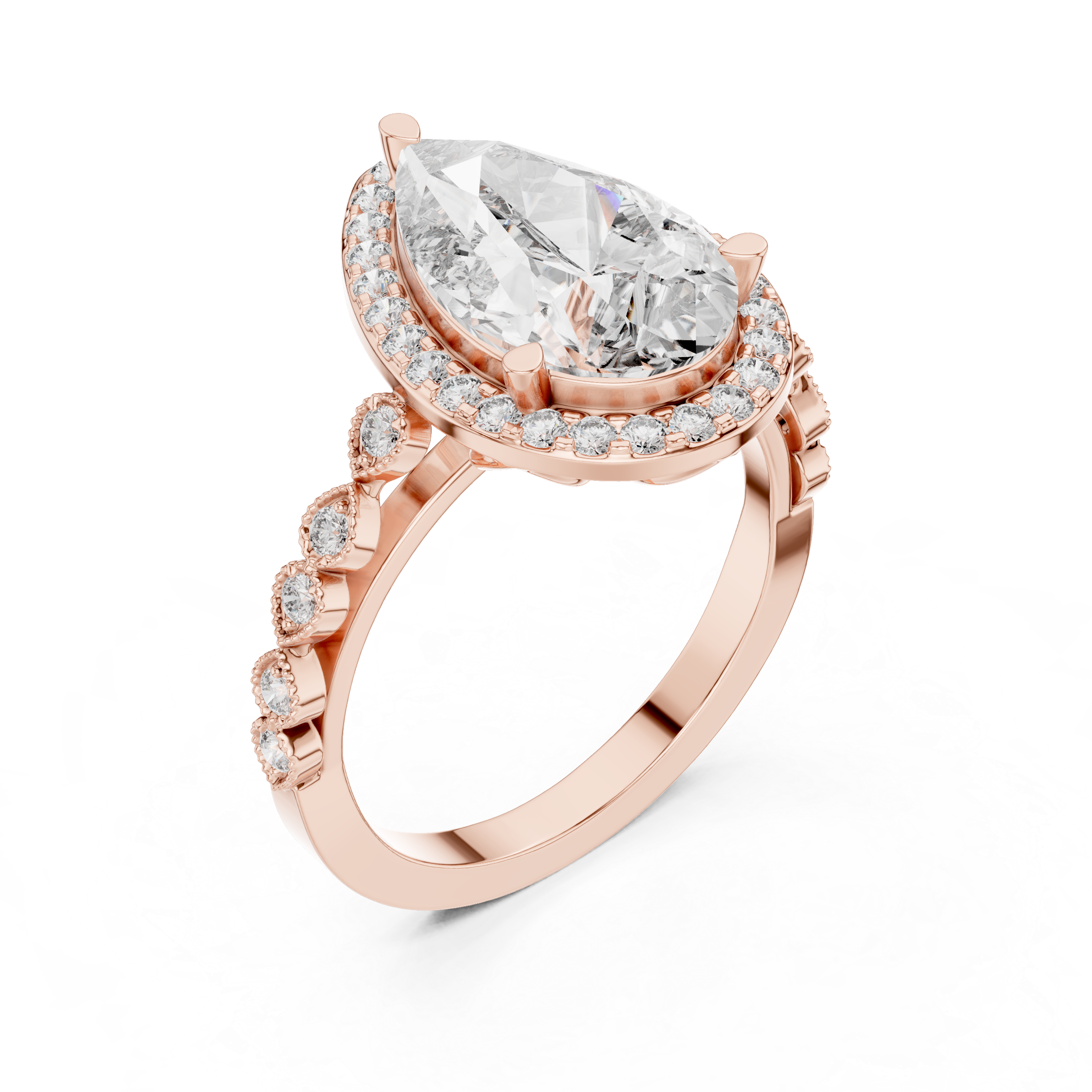 Pear Diamond Halo Ring with Milgrain Pear Station Band
