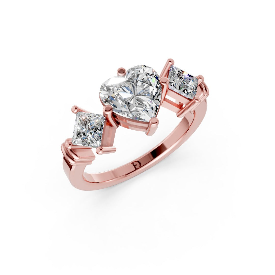 Heart Cut and Princess Cut Diamond Three-Stone Ring