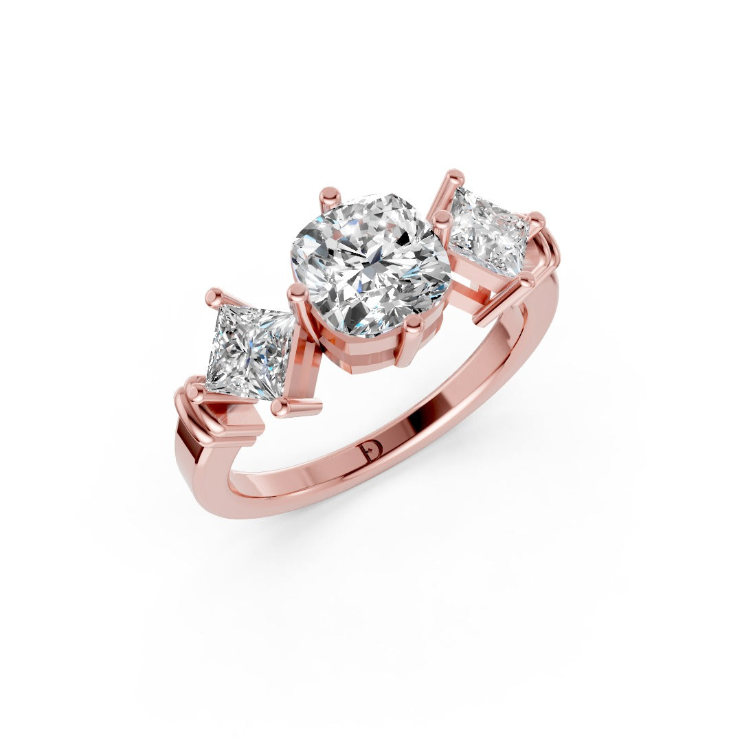 Cushion Cut and Princess Cut Diamond Three-Stone Ring